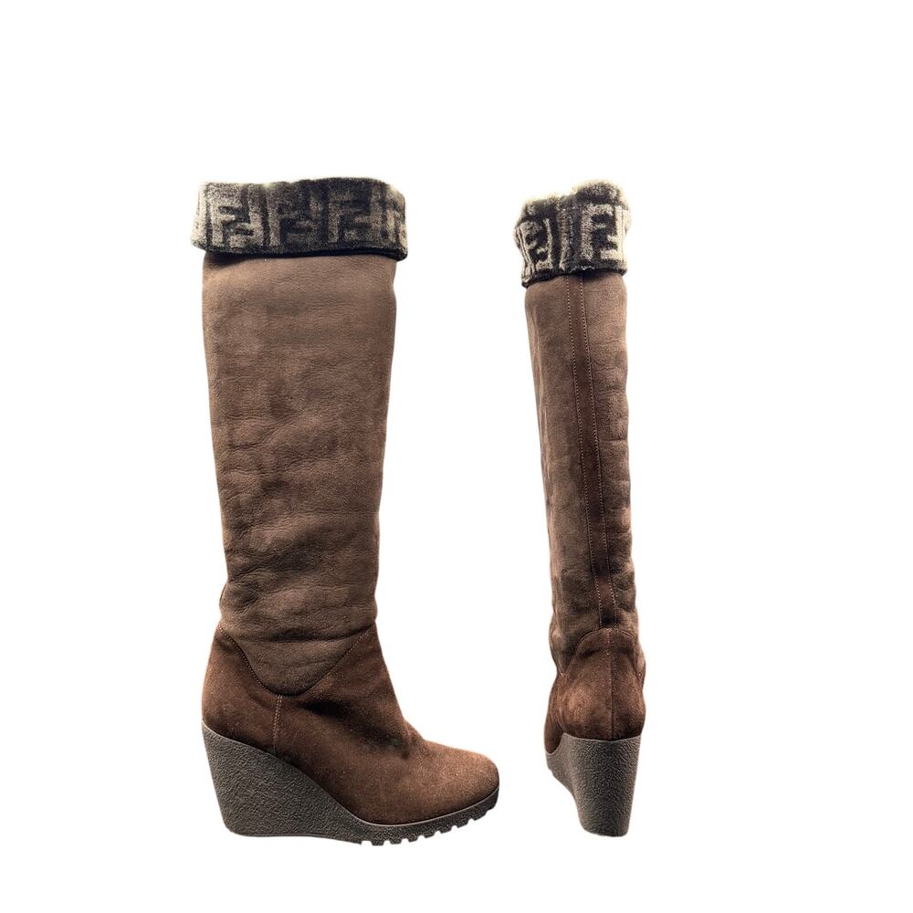 Fendi FF Logo Fur Trim Wedge Knee High Boots Brown EU 38 US 7.5